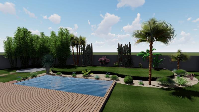 Vue arrière en 3D d'un jardin sur le bassin